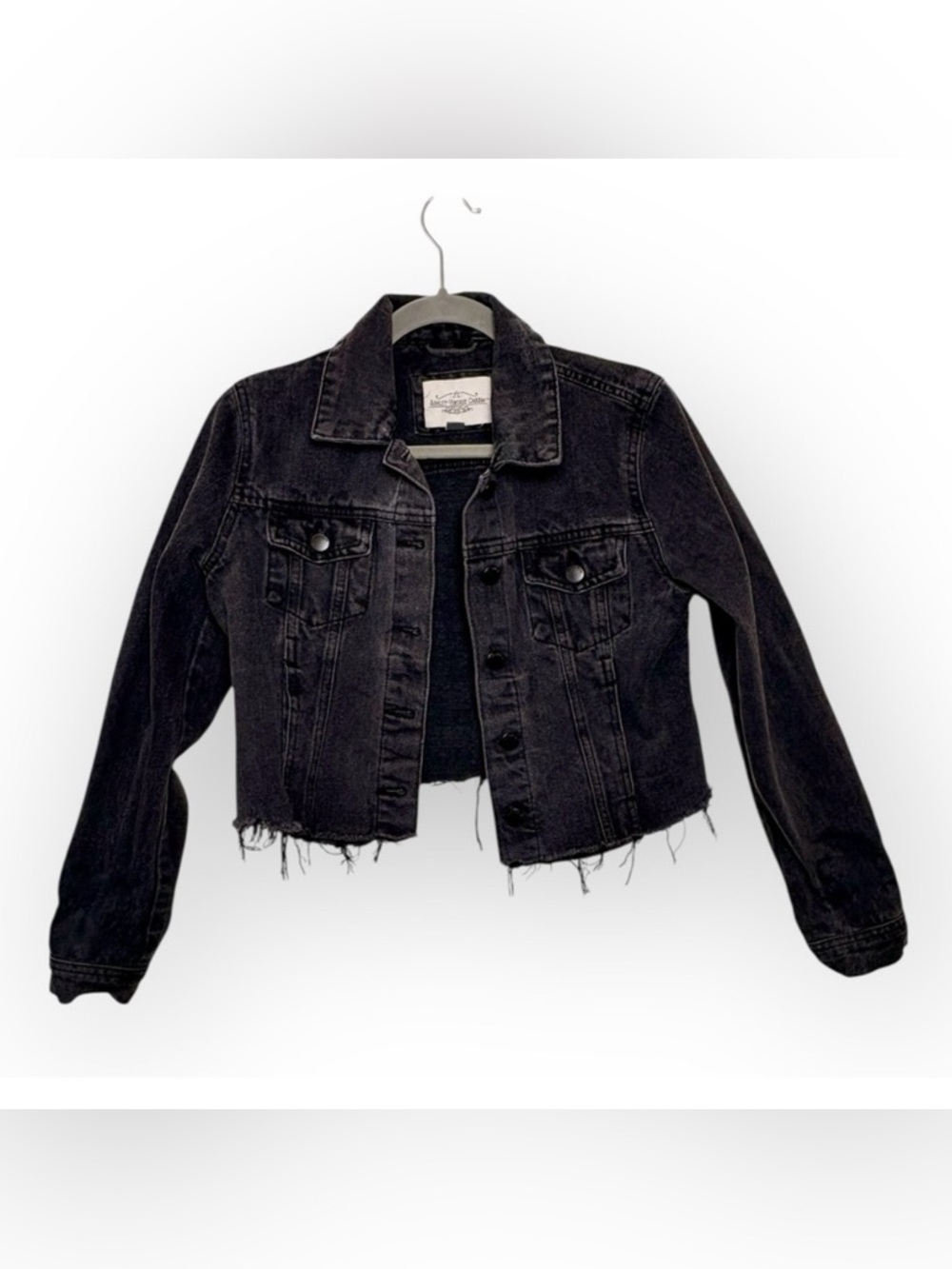 Ashley Vintage Charm Black Cropped Denim Jacket Raw Hem Retro Preppy Small